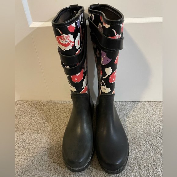 COACH Q8010 TRISHA II Black and Floral Canvas Rubber Rain Boots Size 6 - Picture 2 of 9